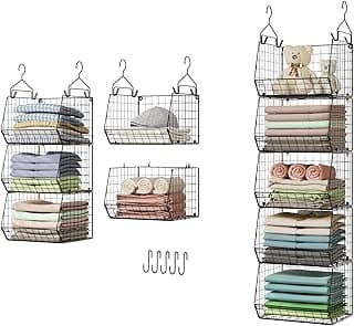 5 Tier Closet Hanging Organizer, Clothes Hanging Shelves with 4 Hanging Hooks 5 S Hooks, Wire Storage Basket Bins, for Clothing Sweaters Sh...