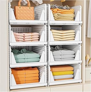 SNSLXH 5 Pack Stackable Closet Storage Basket, Multifunctional & Foldable Closet Organizer for Bathroom Kitchen Laundry Room Wardrobe Stora...